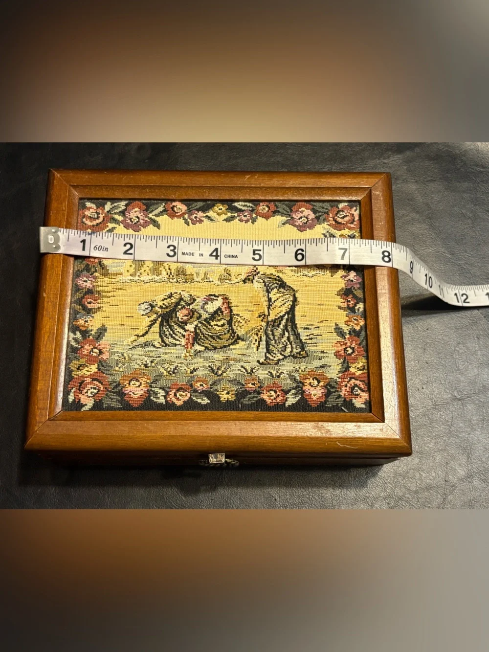 Vintage Wooden Jewelry Box Tapestry Pastoral Ladies Mirror Yellow Velvet Inter.